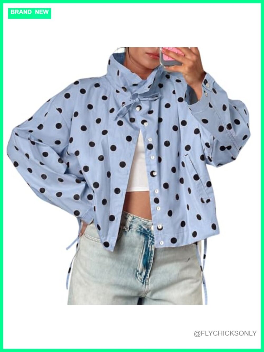 Cropped Polka Dot Trench Coat Loose Fit Drawstring Casual Jacket